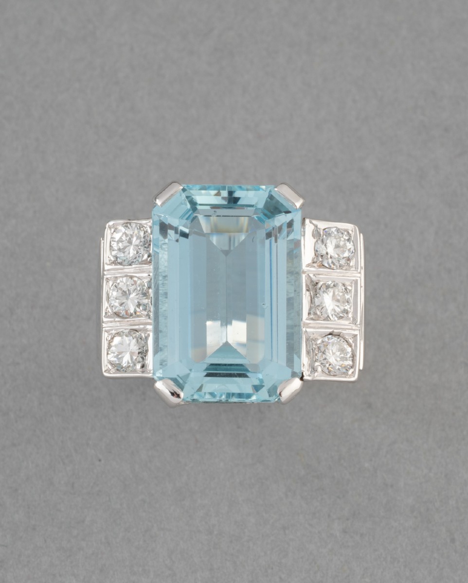 Bague Française Vintage en Or Diamants et Aigue-marine