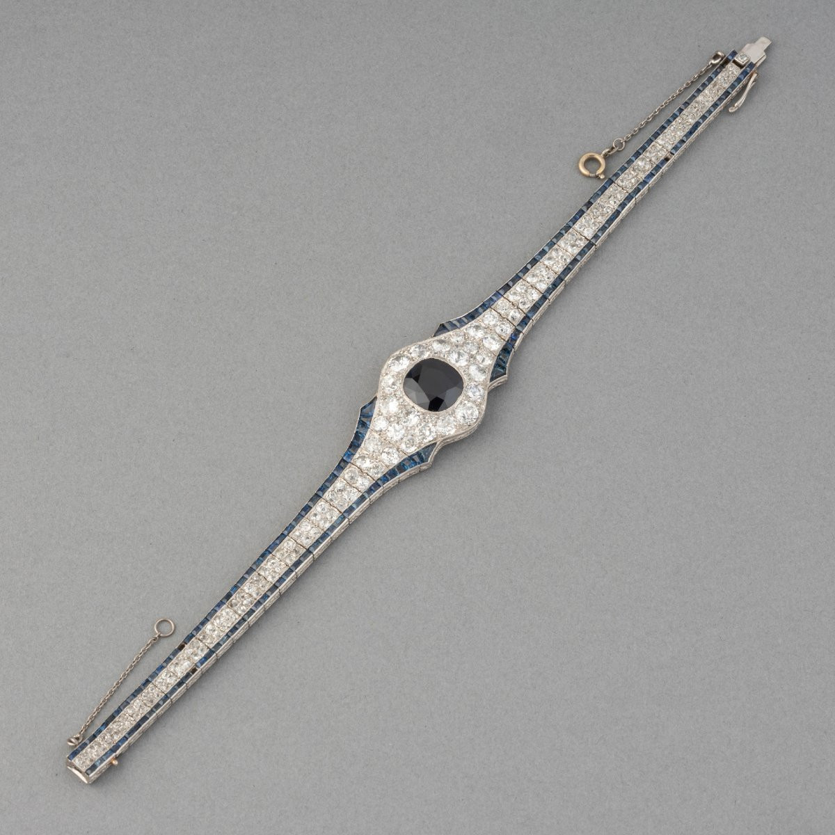 French Art Deco Platinum Diamonds And Sapphires Bracelet-photo-2