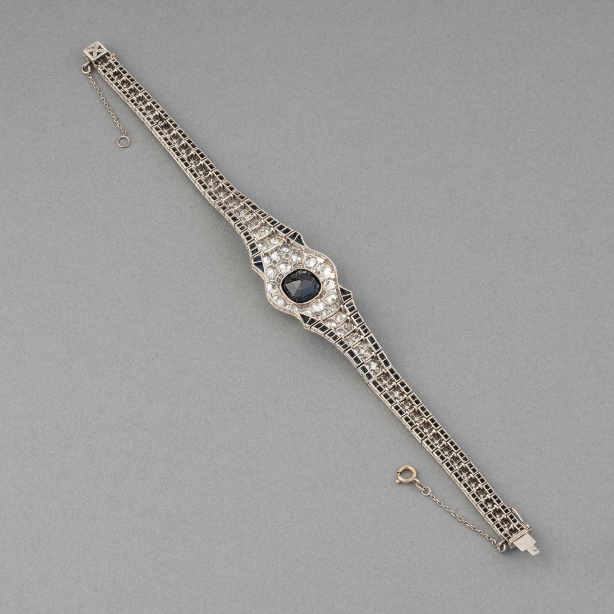 French Art Deco Platinum Diamonds And Sapphires Bracelet-photo-1