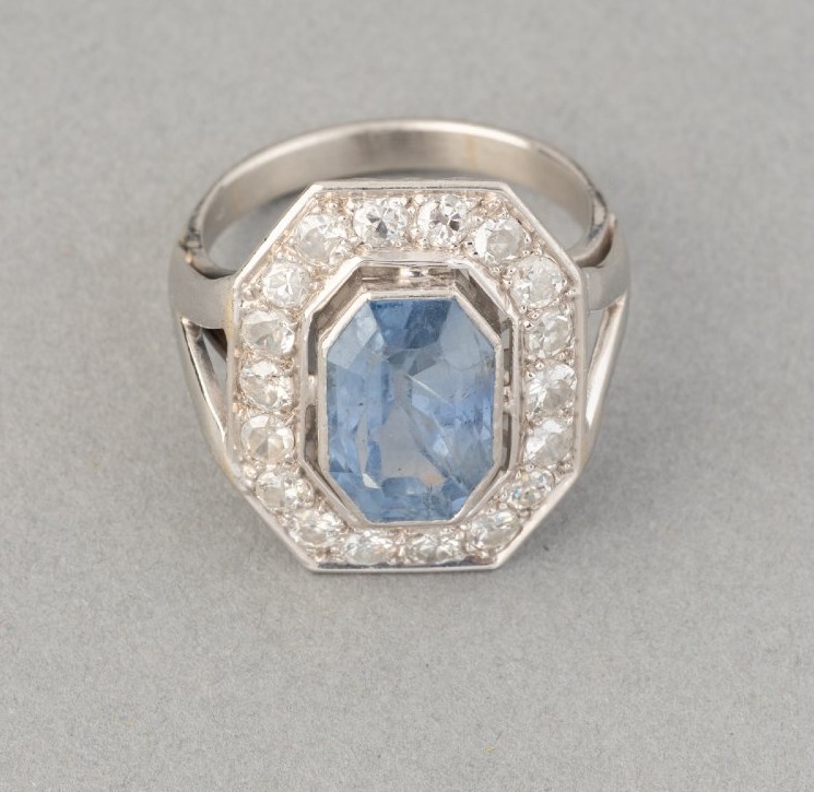 French Art Deco Platinum Diamond And Sapphire Ring