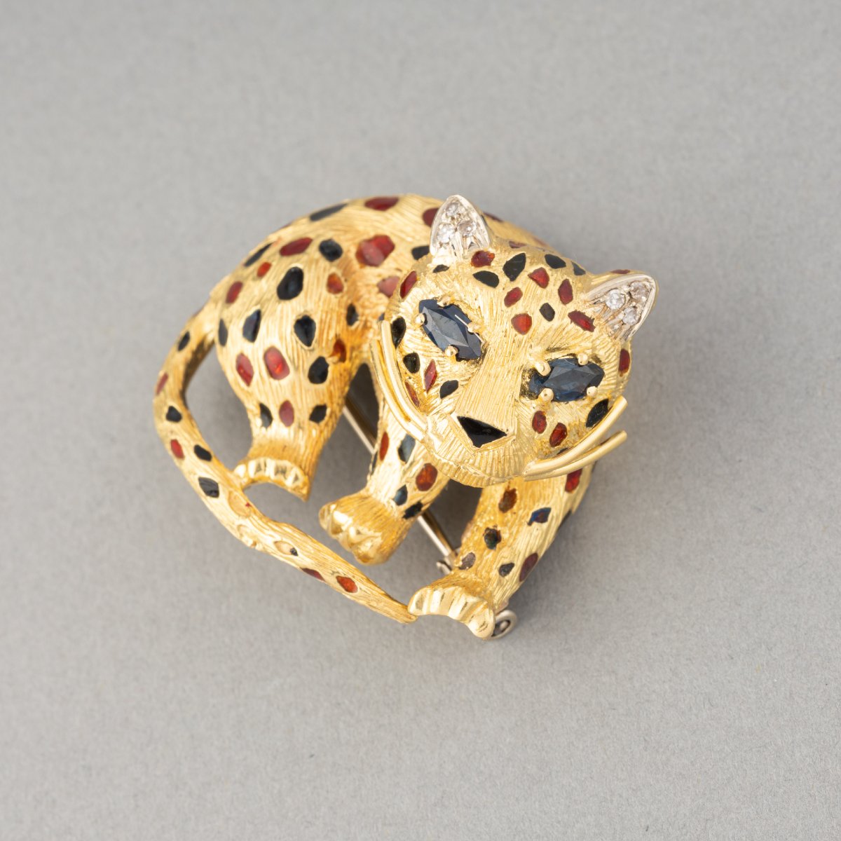 Vintage Gold And Precious Stones Feline Brooch-photo-3