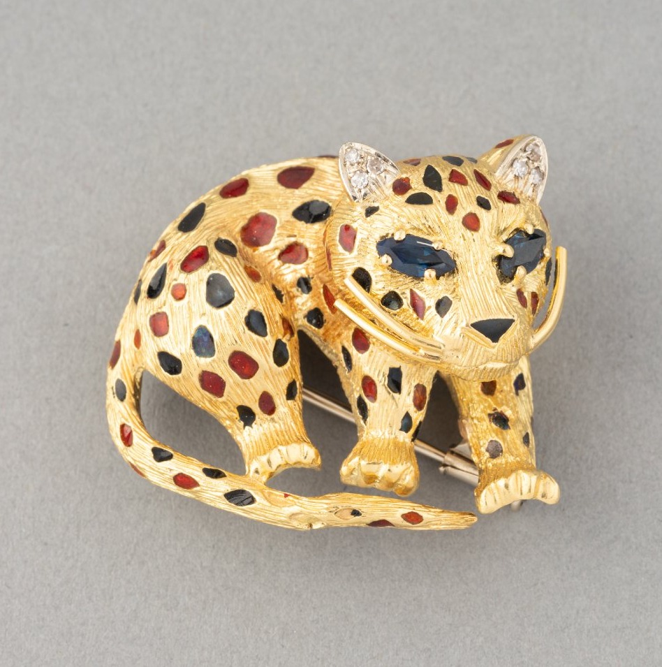 Vintage Gold And Precious Stones Feline Brooch
