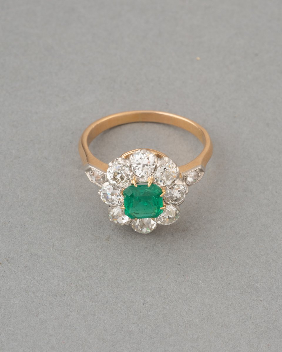 Bague Française Belle Epoque en Or Diamants et Emeraude de Colombie-photo-3