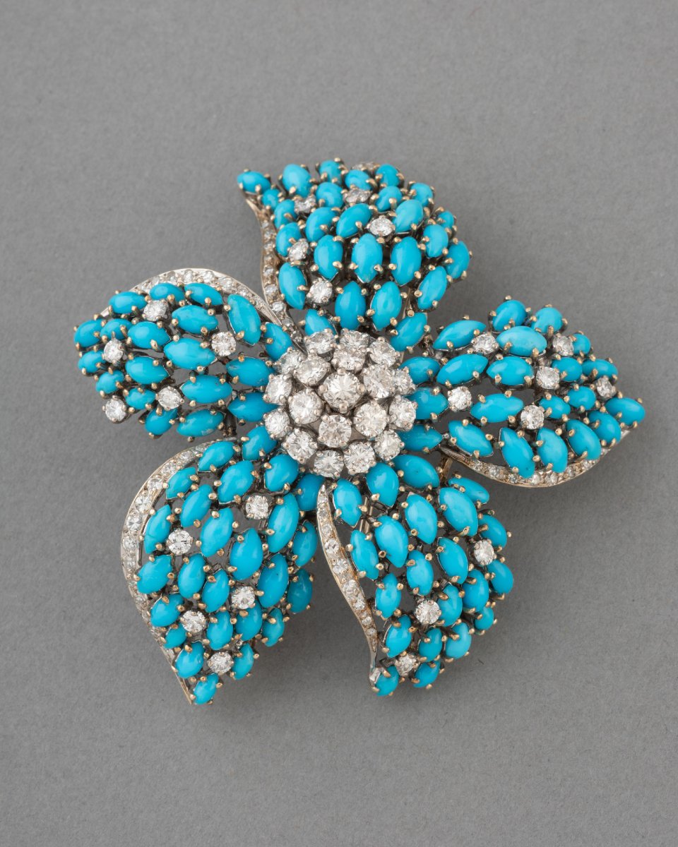 Broche Française Vintage en Or Diamants et Turquoises-photo-2