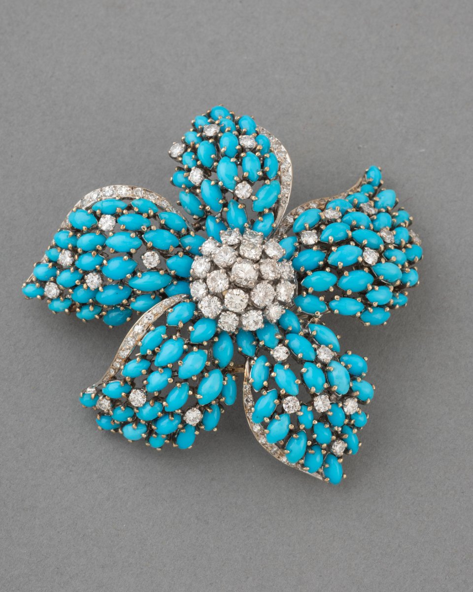 Broche Française Vintage en Or Diamants et Turquoises-photo-3