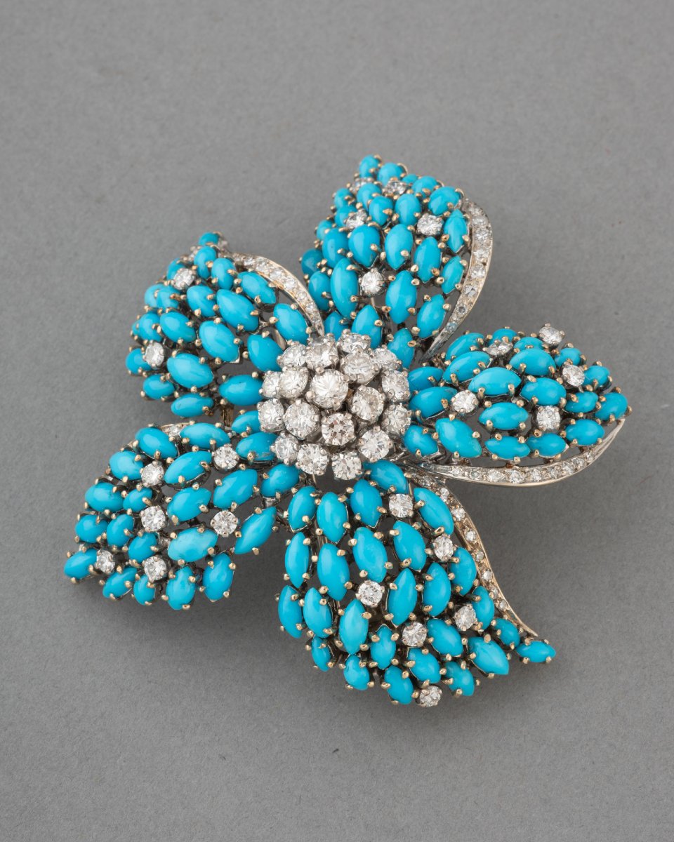 Broche Française Vintage en Or Diamants et Turquoises-photo-4