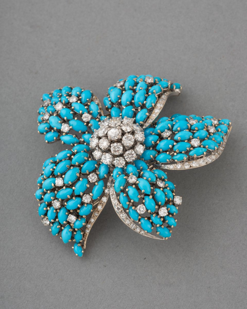Broche Française Vintage en Or Diamants et Turquoises-photo-1