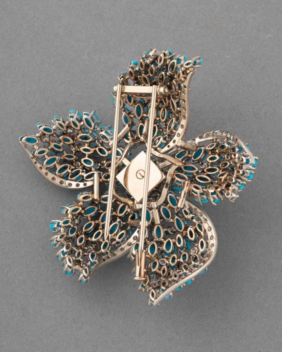 Broche Française Vintage en Or Diamants et Turquoises-photo-2