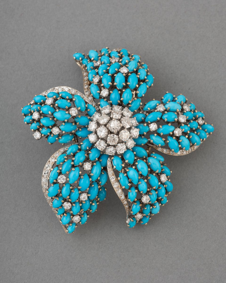 Broche Française Vintage en Or Diamants et Turquoises