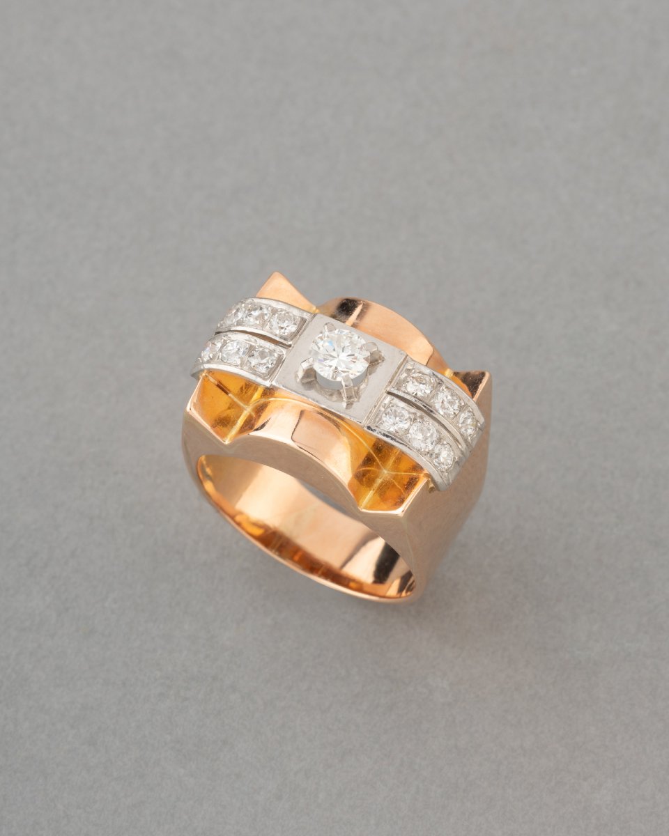 Bague Française Ancienne Tank en Or et Diamants-photo-4