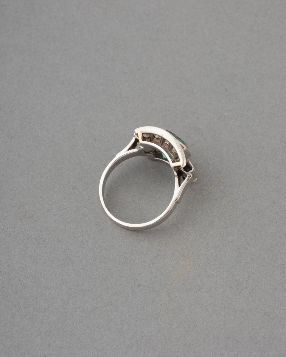 Antique French Art Deco Platinum Diamond And Emerald Ring-photo-4