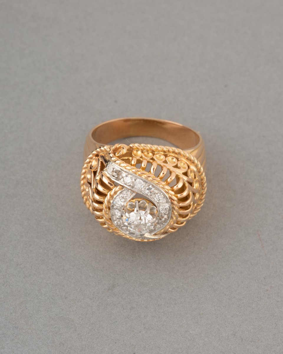 Vintage 50's French Gold And Diamond Ring-photo-2
