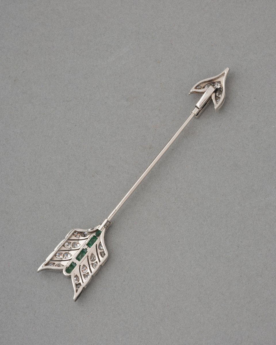 Broche Flèche Ancienne Française Art Déco en Platine et Diamants-photo-4