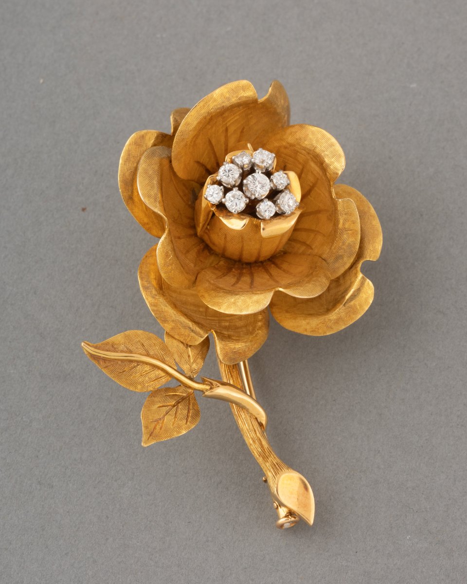 Vintage French Flower Brooch In Gold And Diamonds