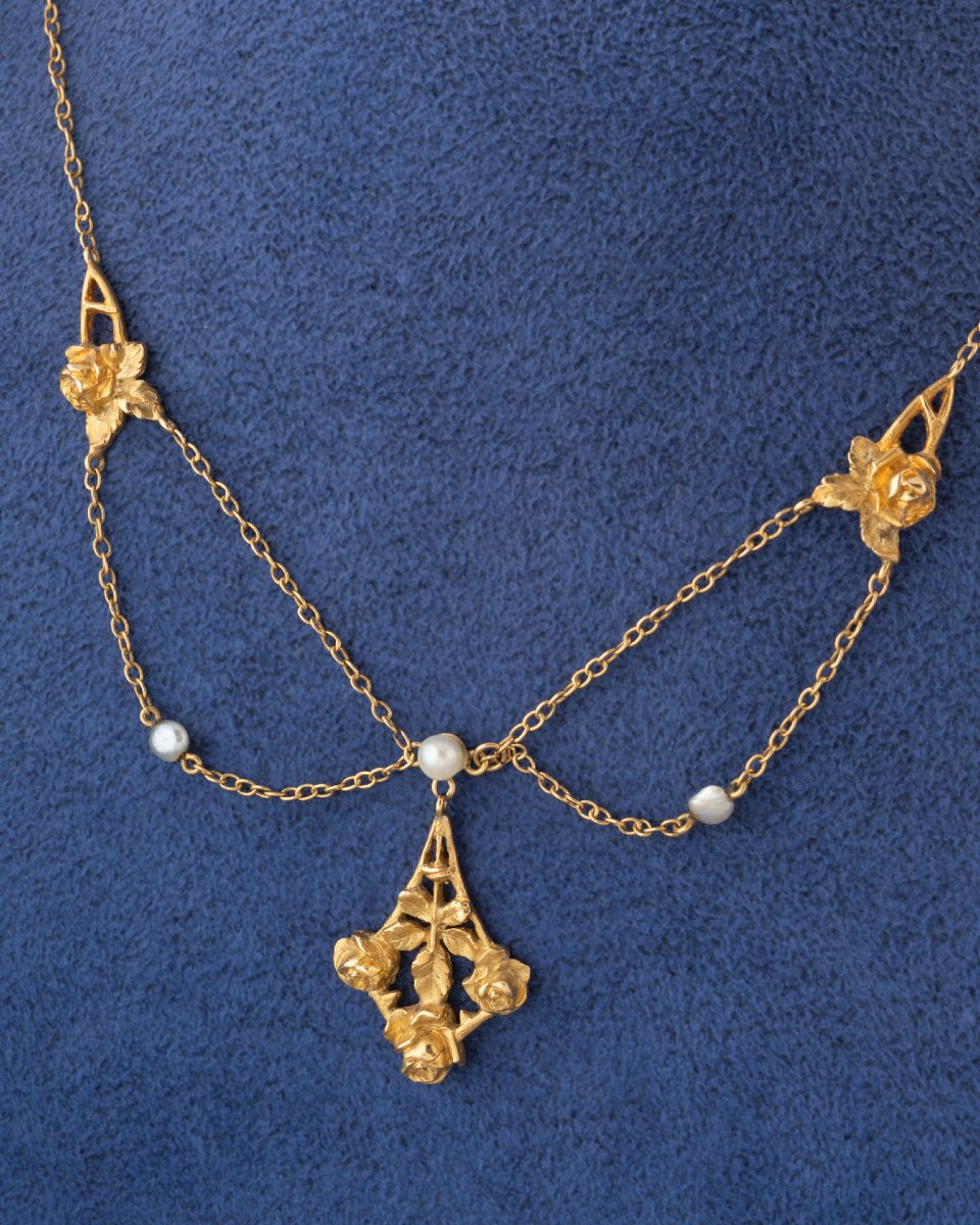 Antique French Drapery Necklace In Gold And Pearls-photo-3