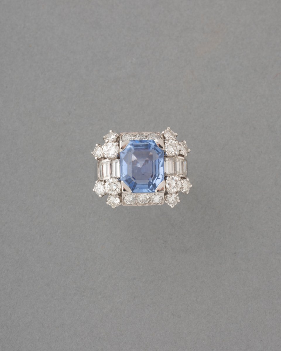 Bague Française Vintage en Or Diamants et Saphir Certifié de 4 Carats -photo-2