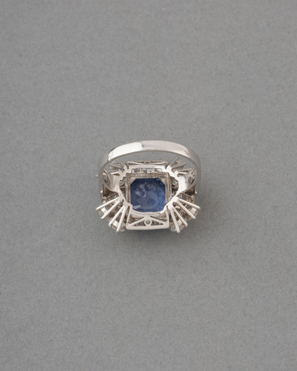 Bague Française Vintage en Or Diamants et Saphir Certifié de 4 Carats -photo-1