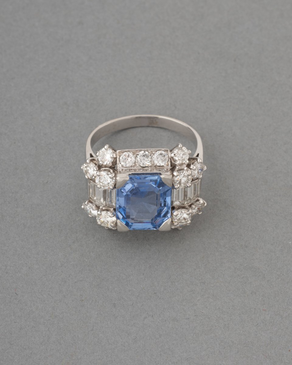 Bague Française Vintage en Or Diamants et Saphir Certifié de 4 Carats -photo-2