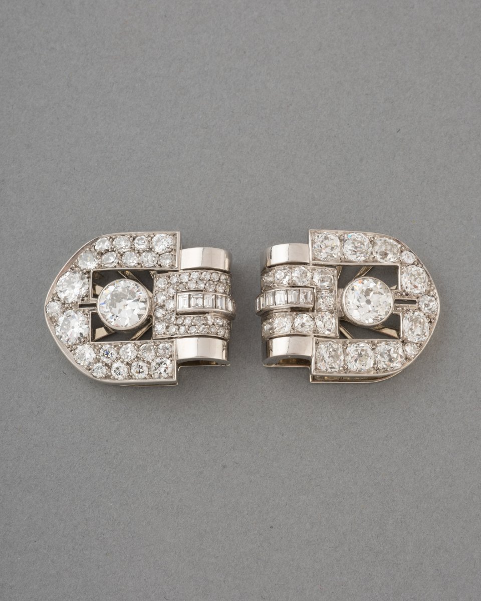 Broches Clips Art Déco en Platine et 12 Carats de Diamants-photo-1