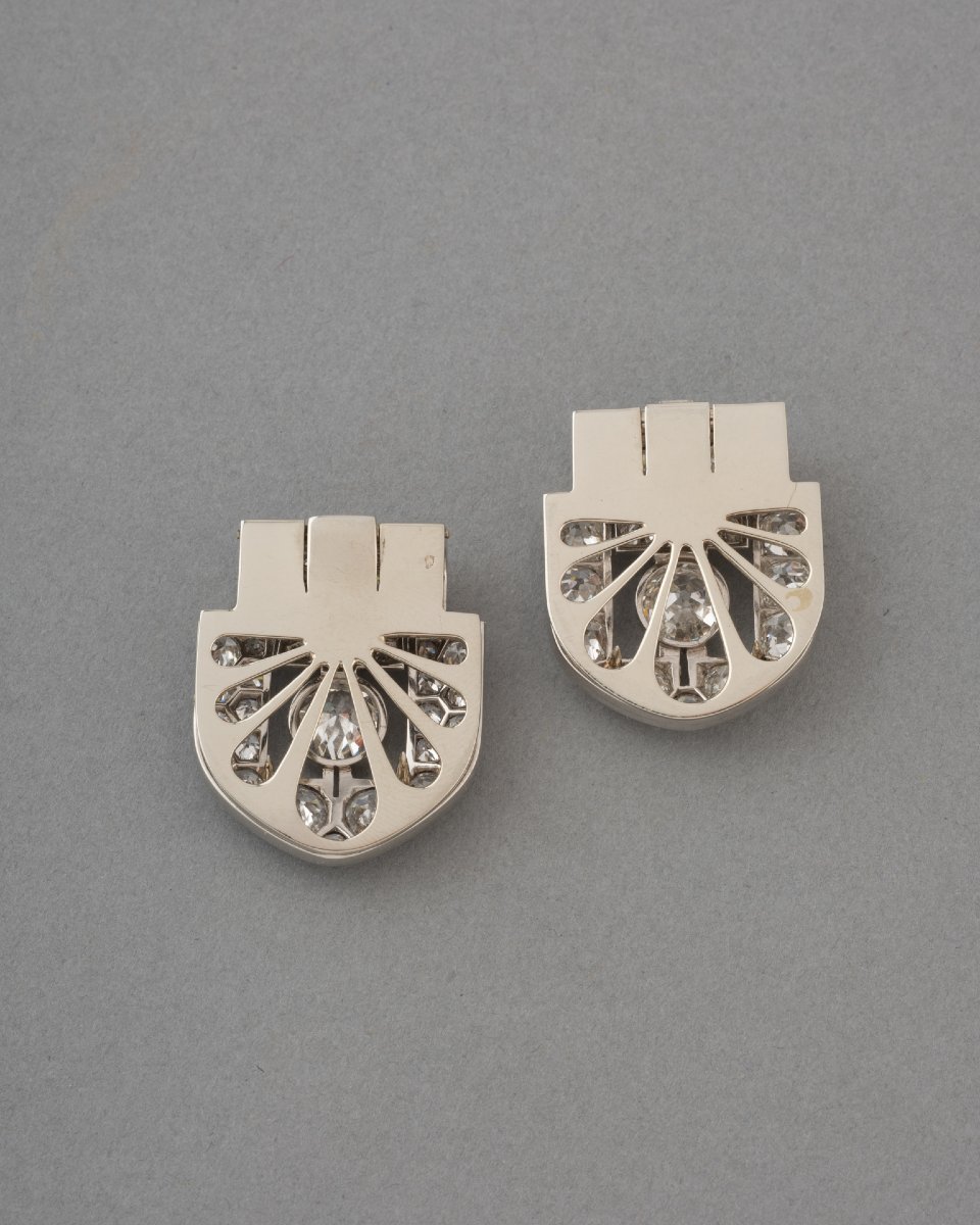 Broches Clips Art Déco en Platine et 12 Carats de Diamants-photo-2