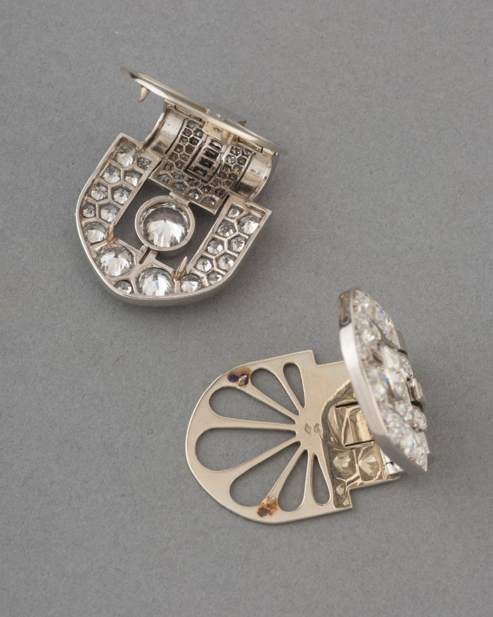 Broches Clips Art Déco en Platine et 12 Carats de Diamants-photo-3