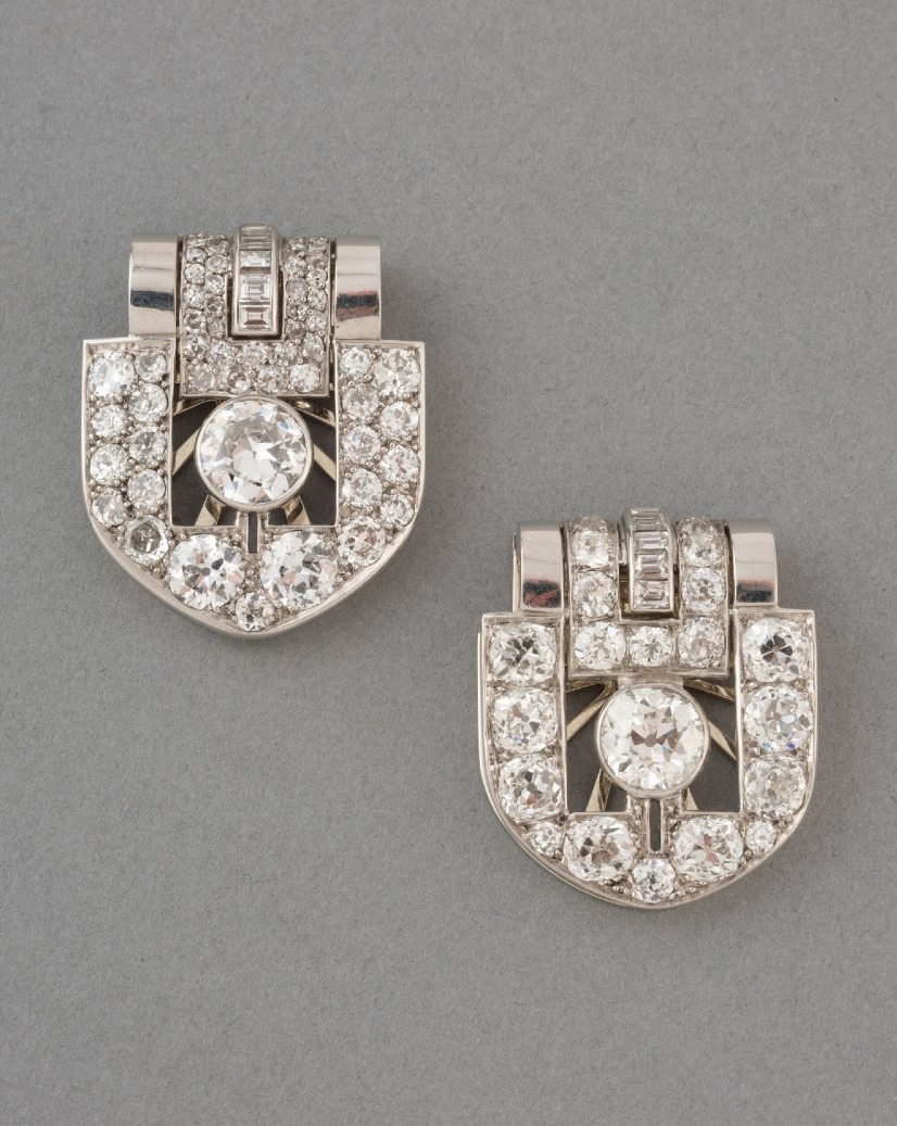 Broches Clips Art Déco en Platine et 12 Carats de Diamants