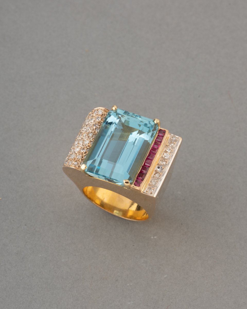 Bague Tank Française Années 40 en Or Diamants et Aigue-marine-photo-2
