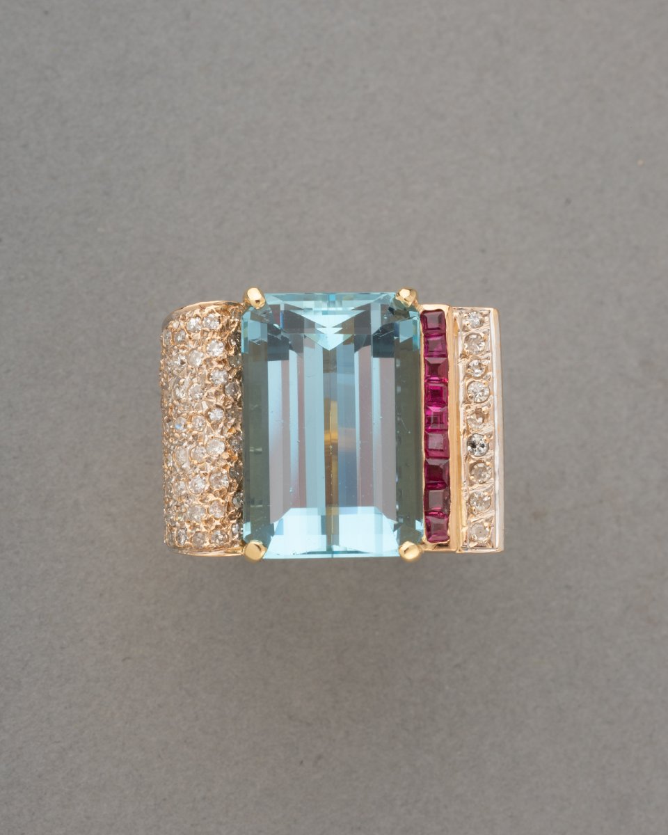 Bague Tank Française Années 40 en Or Diamants et Aigue-marine-photo-3