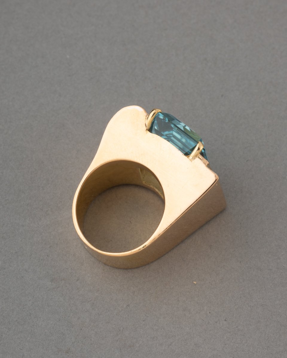 Bague Tank Française Années 40 en Or Diamants et Aigue-marine-photo-4