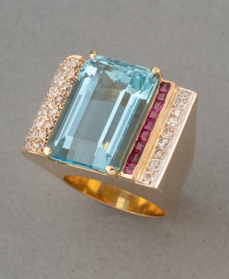Bague Tank Française Années 40 en Or Diamants et Aigue-marine