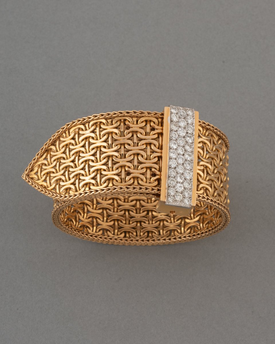 Bracelet Ceinture Français Années 50 en Or et 3 Carats de Diamants-photo-3