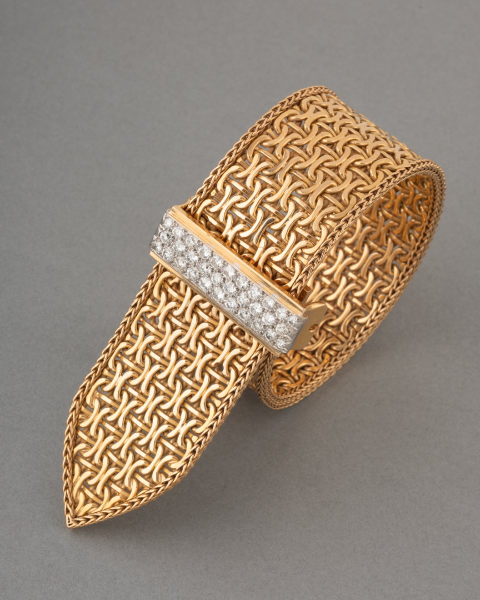 Bracelet Ceinture Français Années 50 en Or et 3 Carats de Diamants