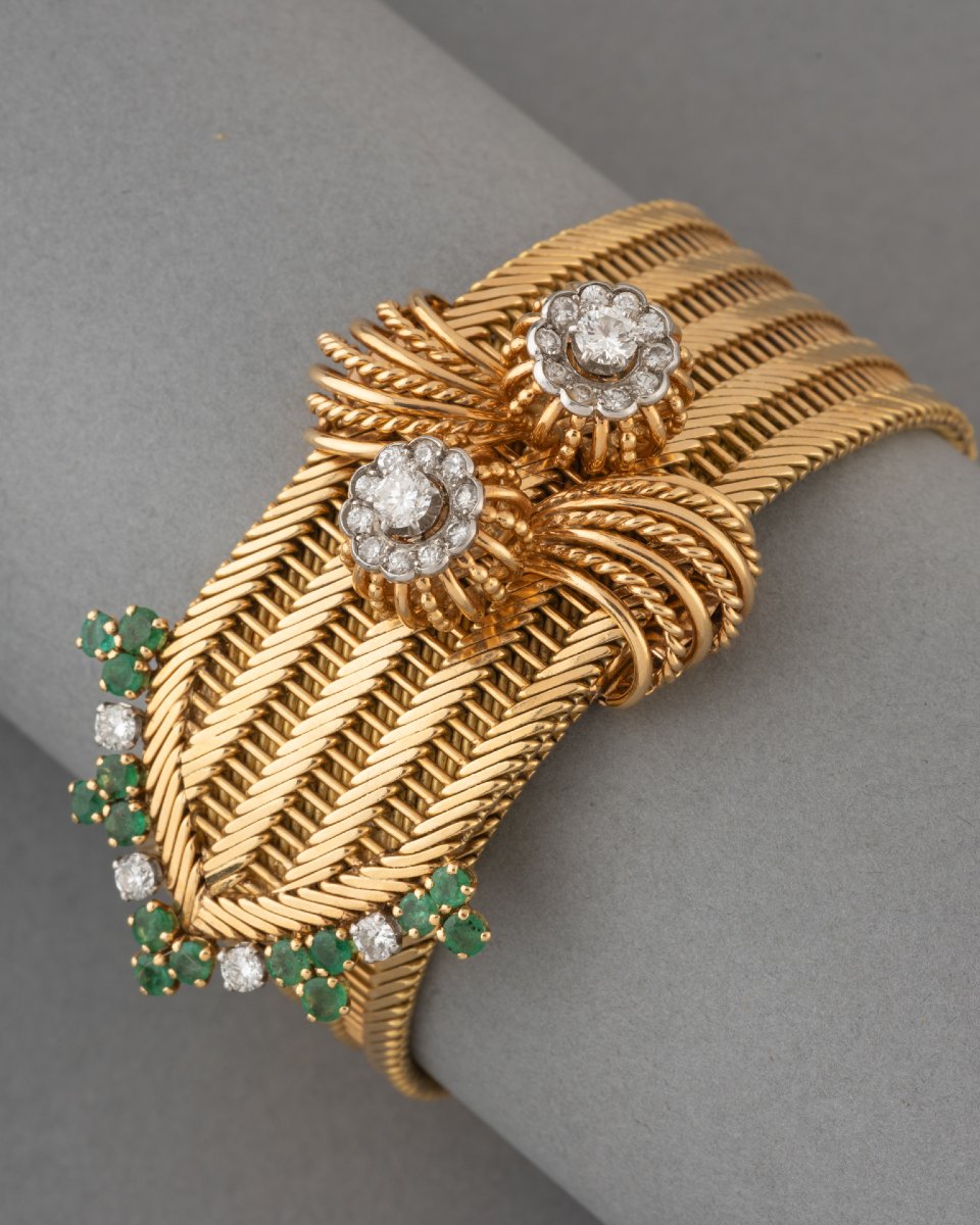 Bracelet Français Vintage en Or Diamants et Emeraudes-photo-2