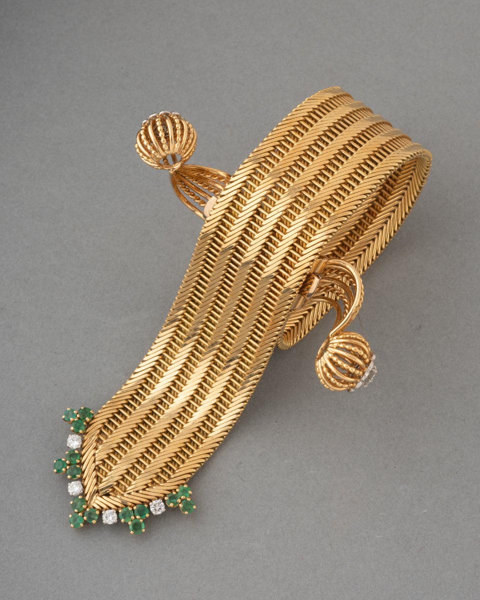 Bracelet Français Vintage en Or Diamants et Emeraudes-photo-4