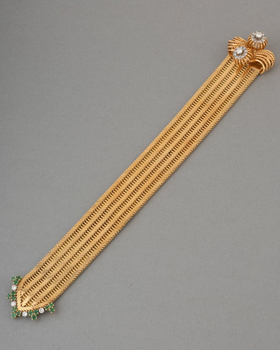 Bracelet Français Vintage en Or Diamants et Emeraudes-photo-1