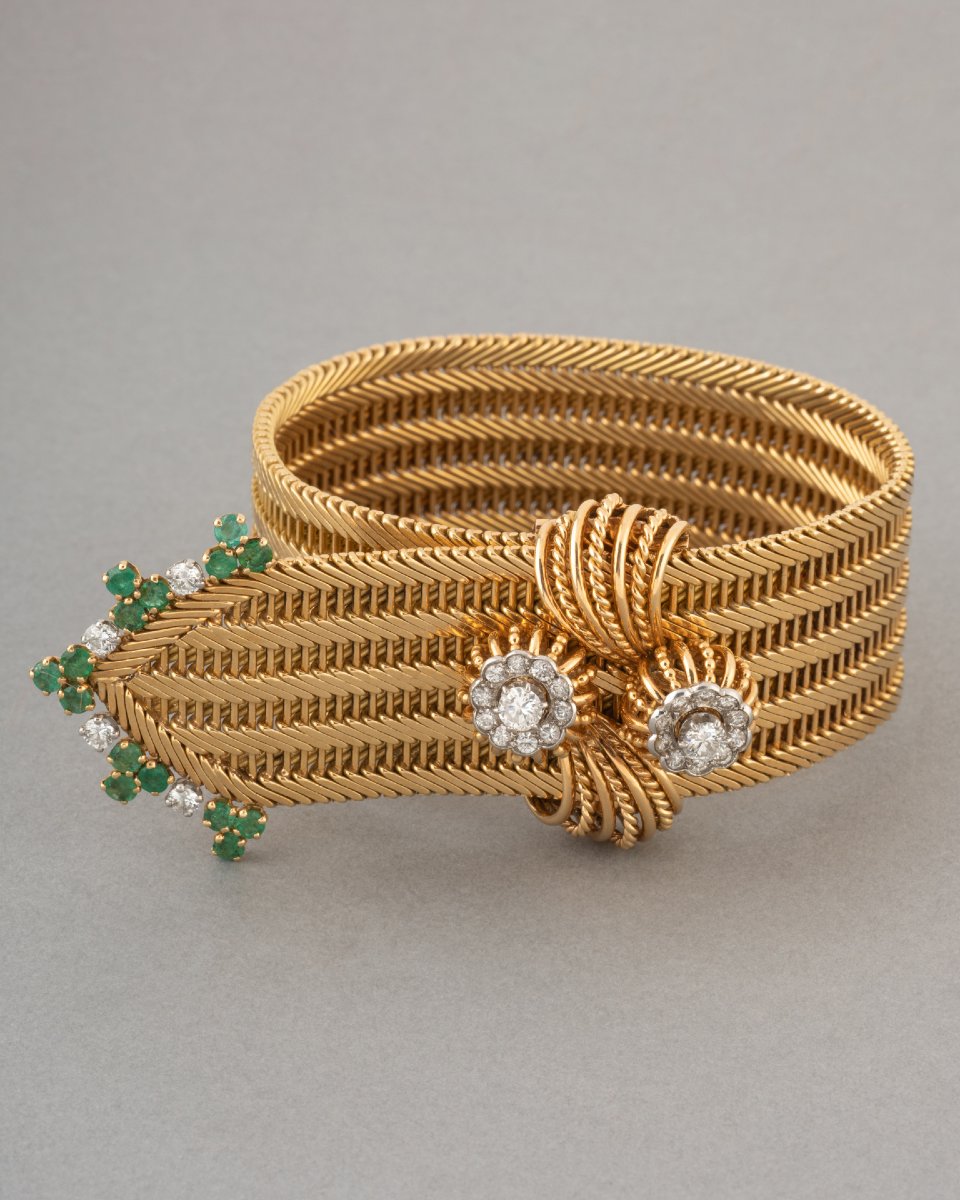 Bracelet Français Vintage en Or Diamants et Emeraudes