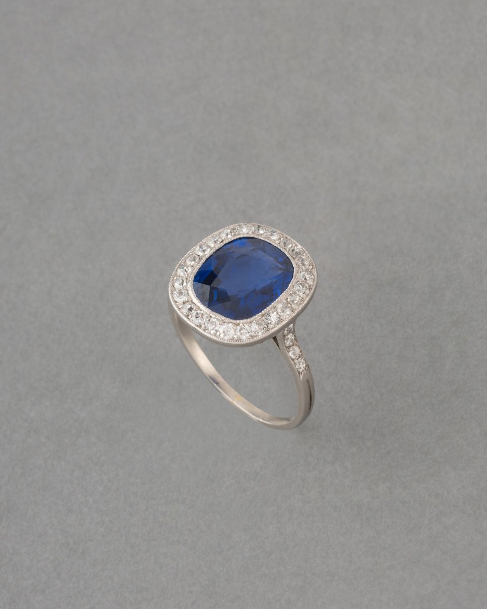 Bague Française Ancienne en Platine Diamants et Saphirs De Sri Lank Bleu Royal-photo-4
