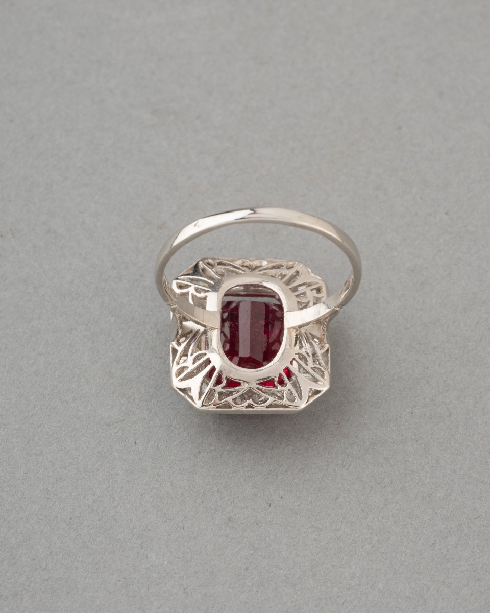 Bague Art Déco Française en Platine Diamants et Rubellite -photo-2