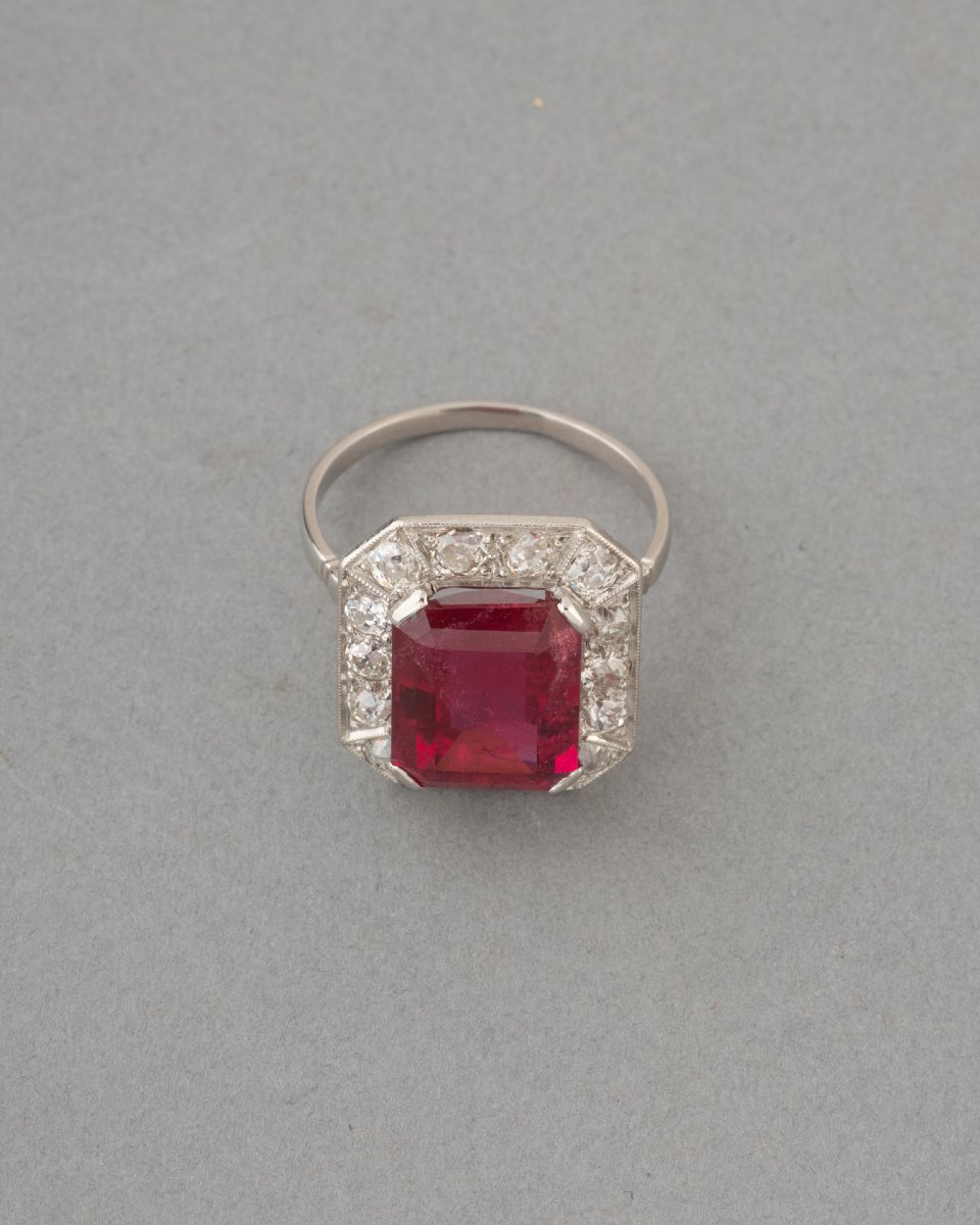 Bague Art Déco Française en Platine Diamants et Rubellite -photo-4