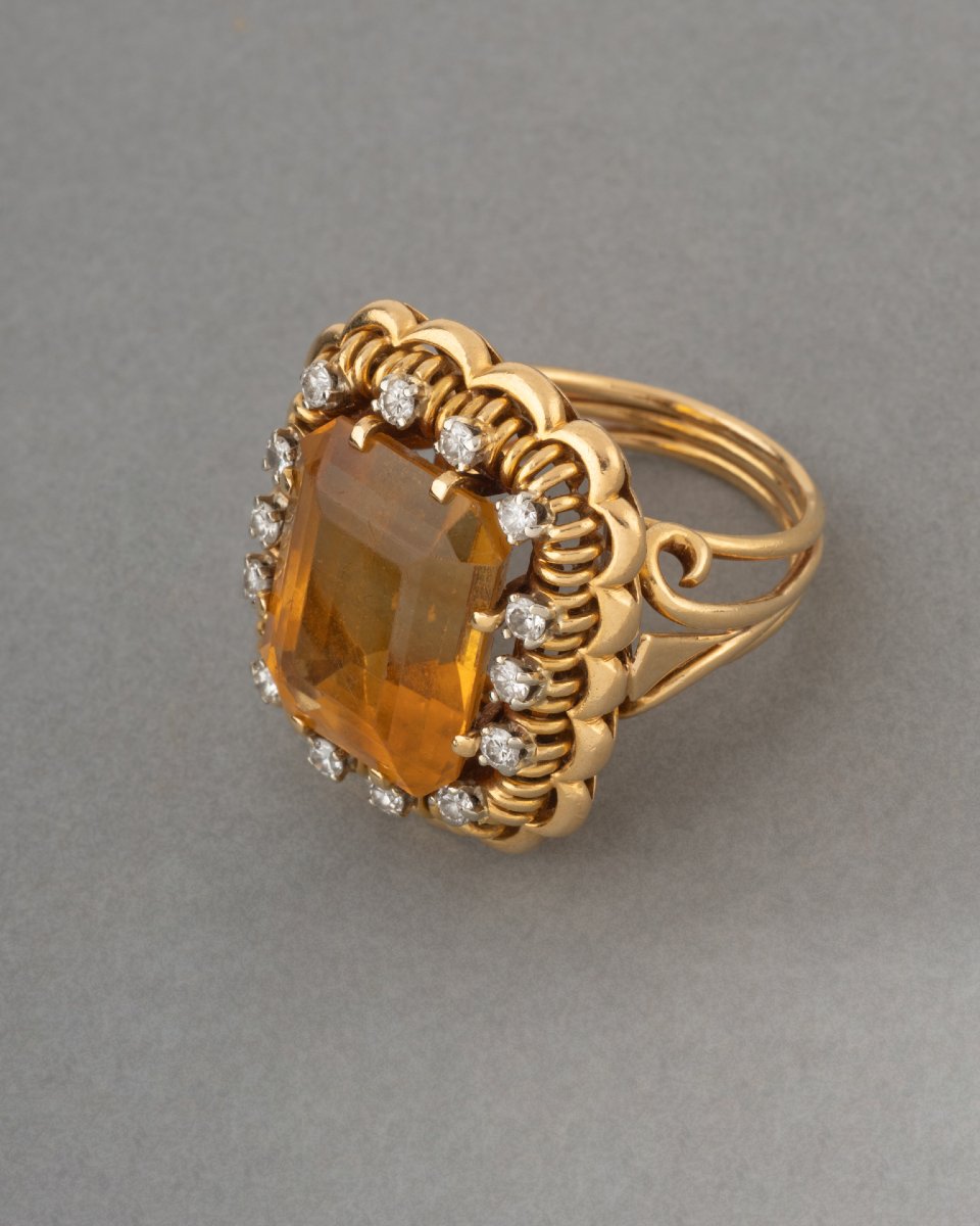 Vintage French Ring In Gold With Citrine And Diamonds-photo-4