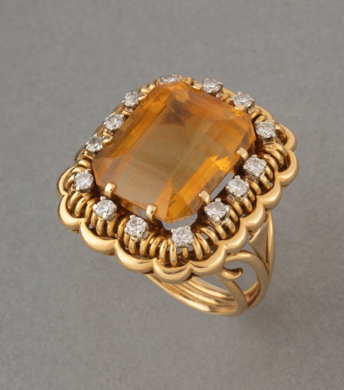 Vintage French Ring In Gold With Citrine And Diamonds