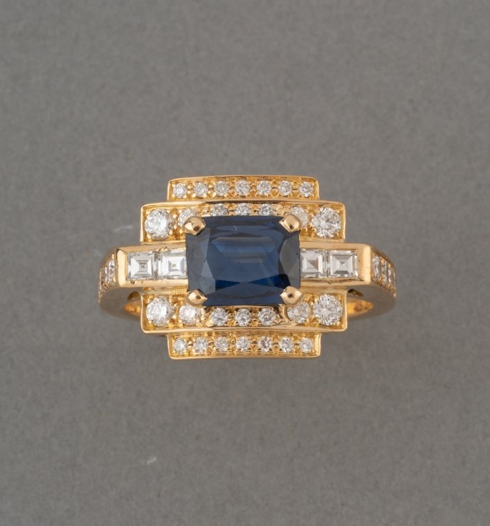 Vintage French Gold Ring With Sapphire And Diamonds