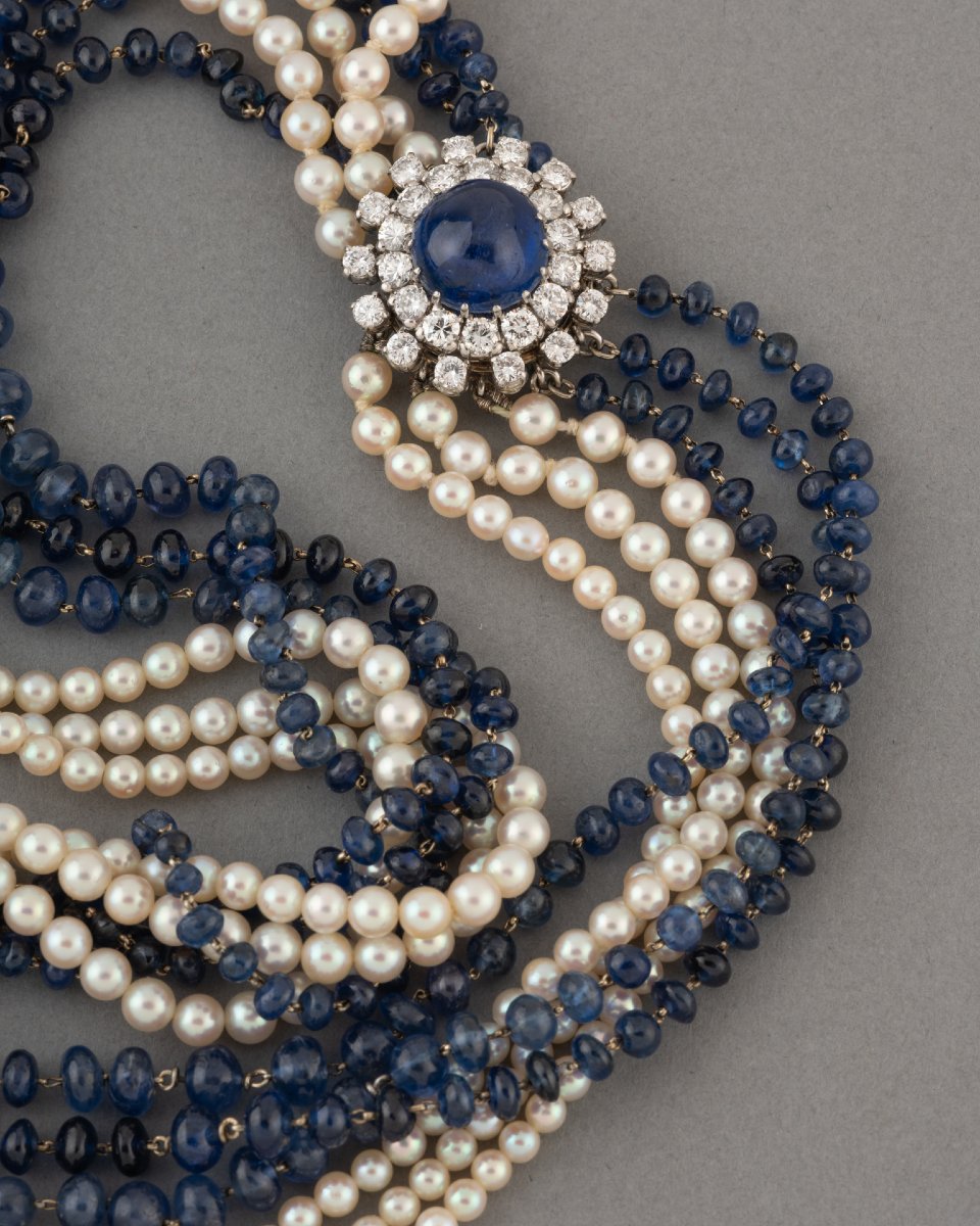 Vintage French Necklace With Sapphire And Diamond Beads-photo-2