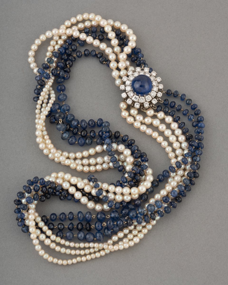 Vintage French Necklace With Sapphire And Diamond Beads-photo-3