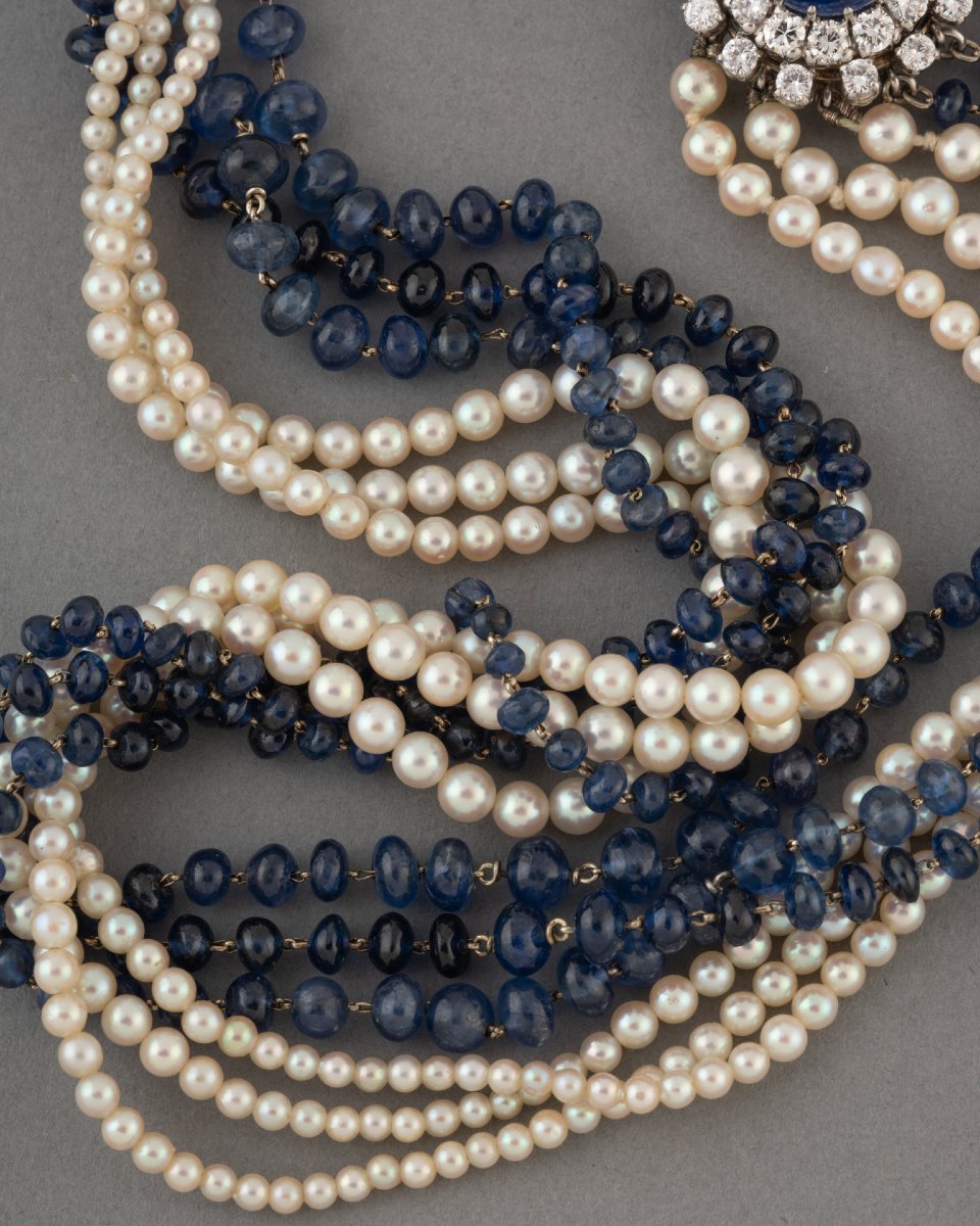 Vintage French Necklace With Sapphire And Diamond Beads-photo-4