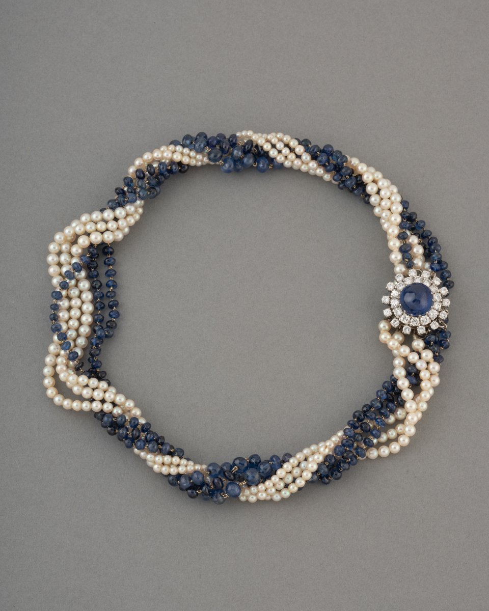 Vintage French Necklace With Sapphire And Diamond Beads-photo-2