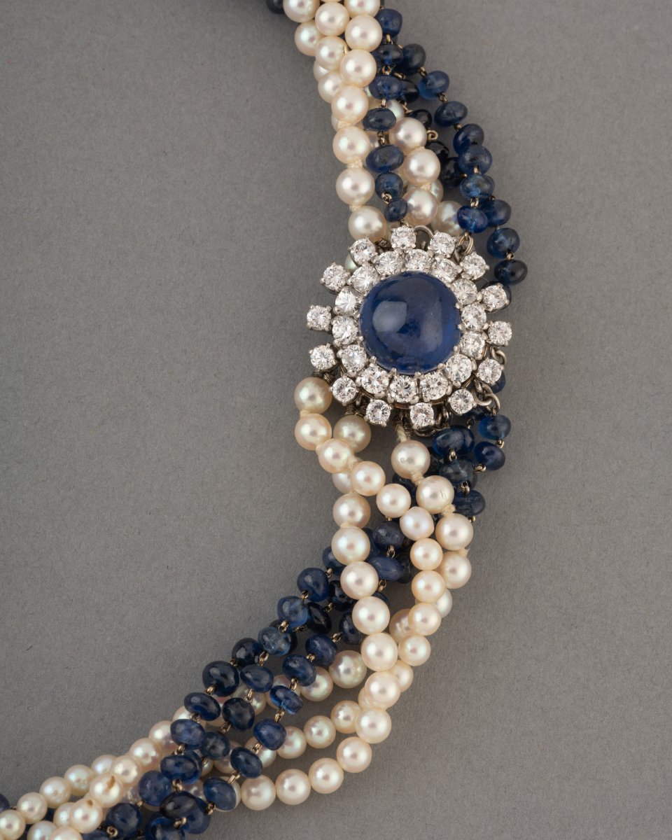 Vintage French Necklace With Sapphire And Diamond Beads-photo-3