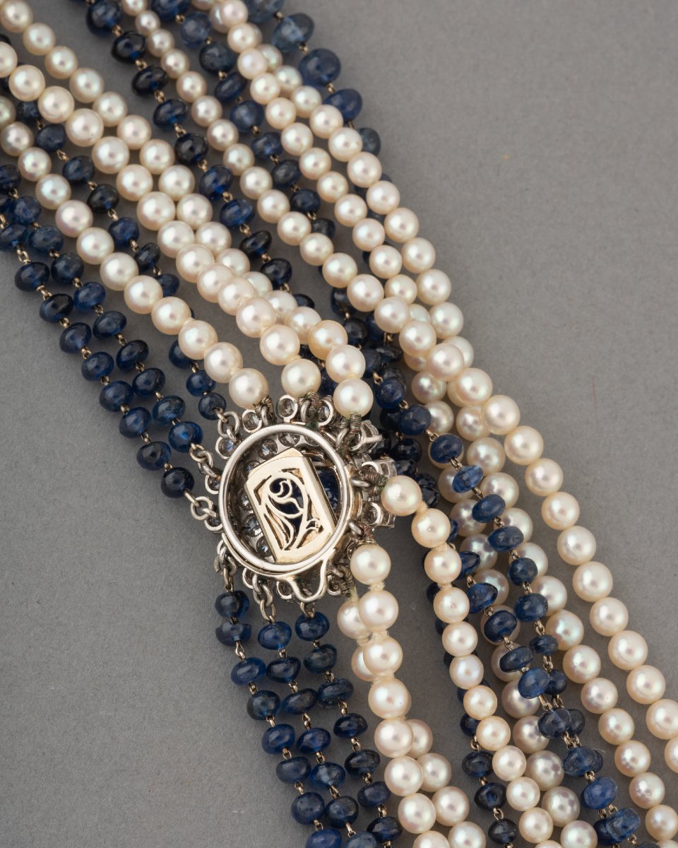 Vintage French Necklace With Sapphire And Diamond Beads-photo-4