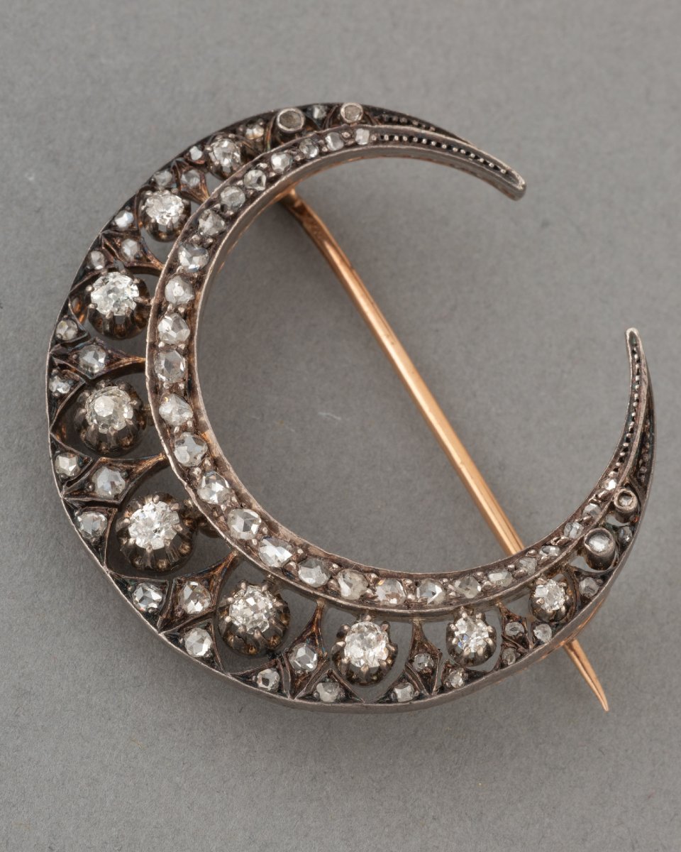 19th-century Moon Crescent Brooch In Gold, Silver, And Diamonds