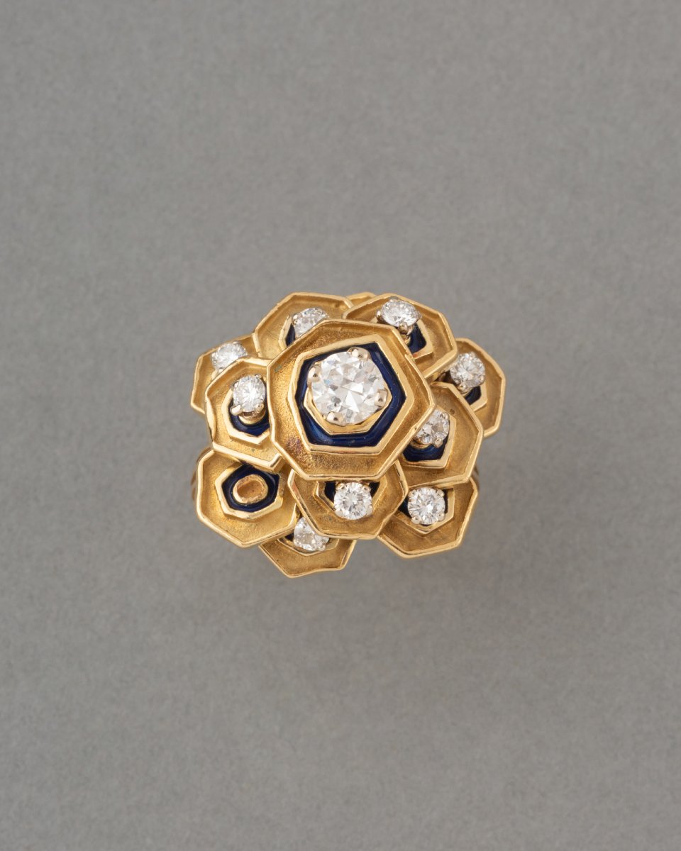 Bague Française Vintage en Or Diamants et Email-photo-2